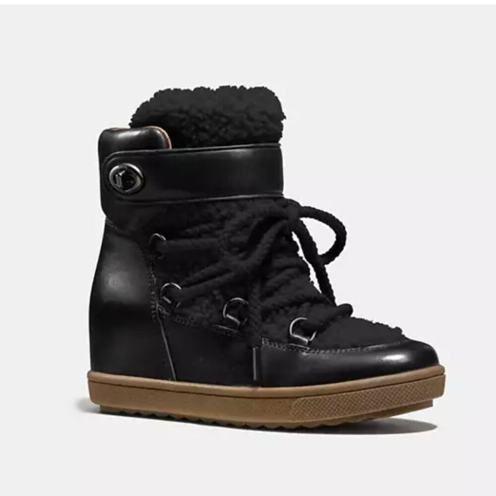 COACH  Monroe Shearling Boots NIB Black Size 6.5 Hidden Wedge Heel